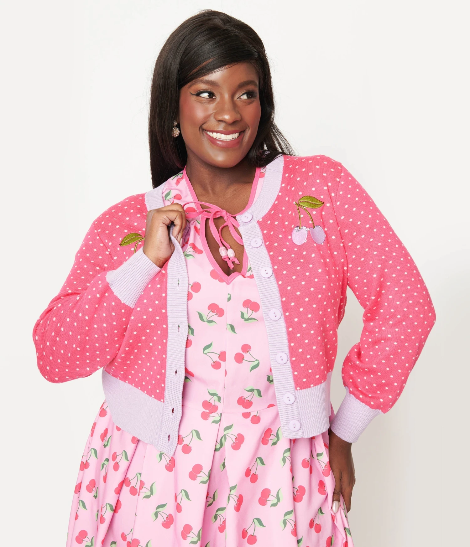 Unique Vintage Plus Size Hot Pink & Lavender Pin Dot Cherry Cropped Cardigan - Image 2