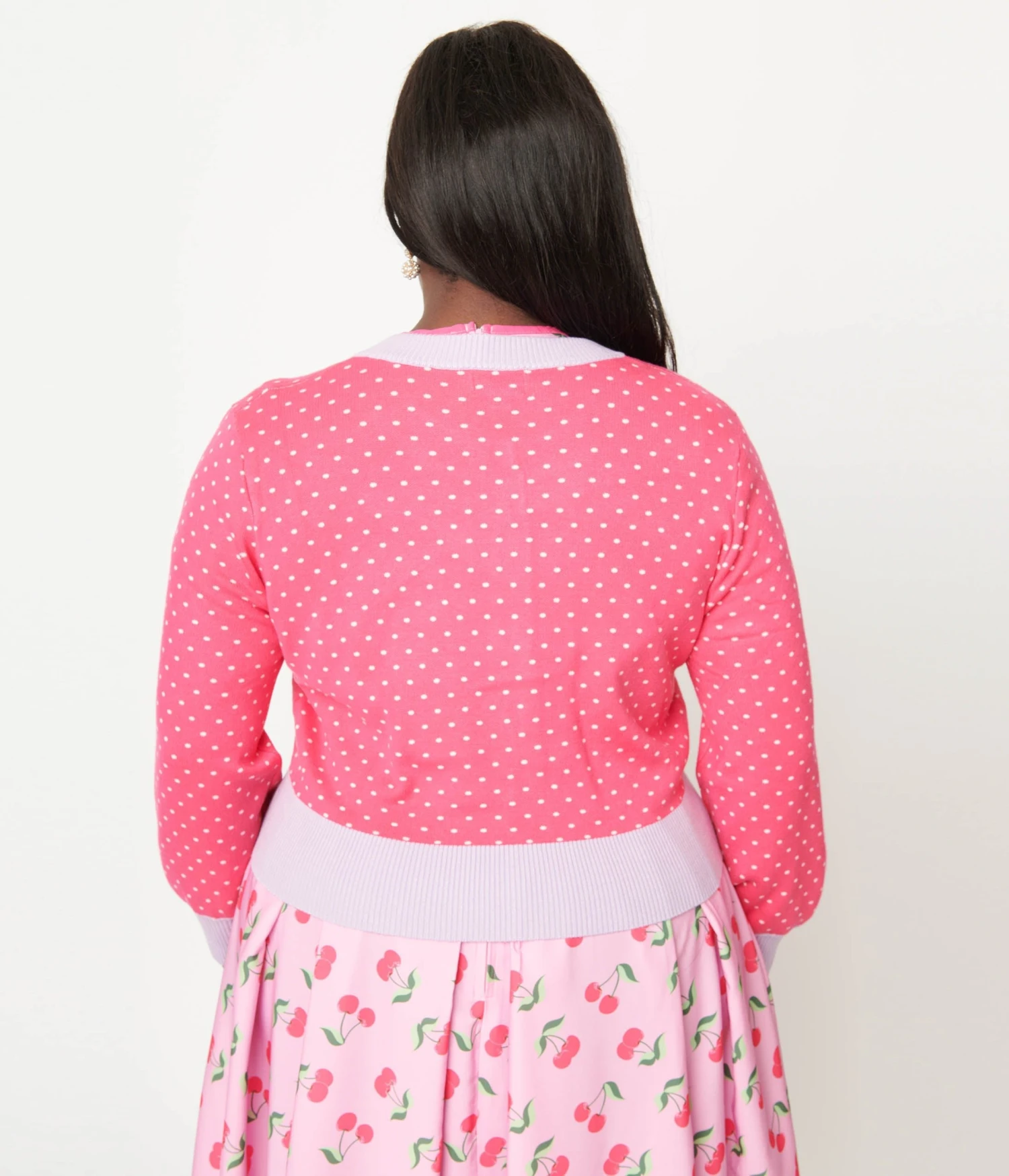 Unique Vintage Plus Size Hot Pink & Lavender Pin Dot Cherry Cropped Cardigan - Image 3