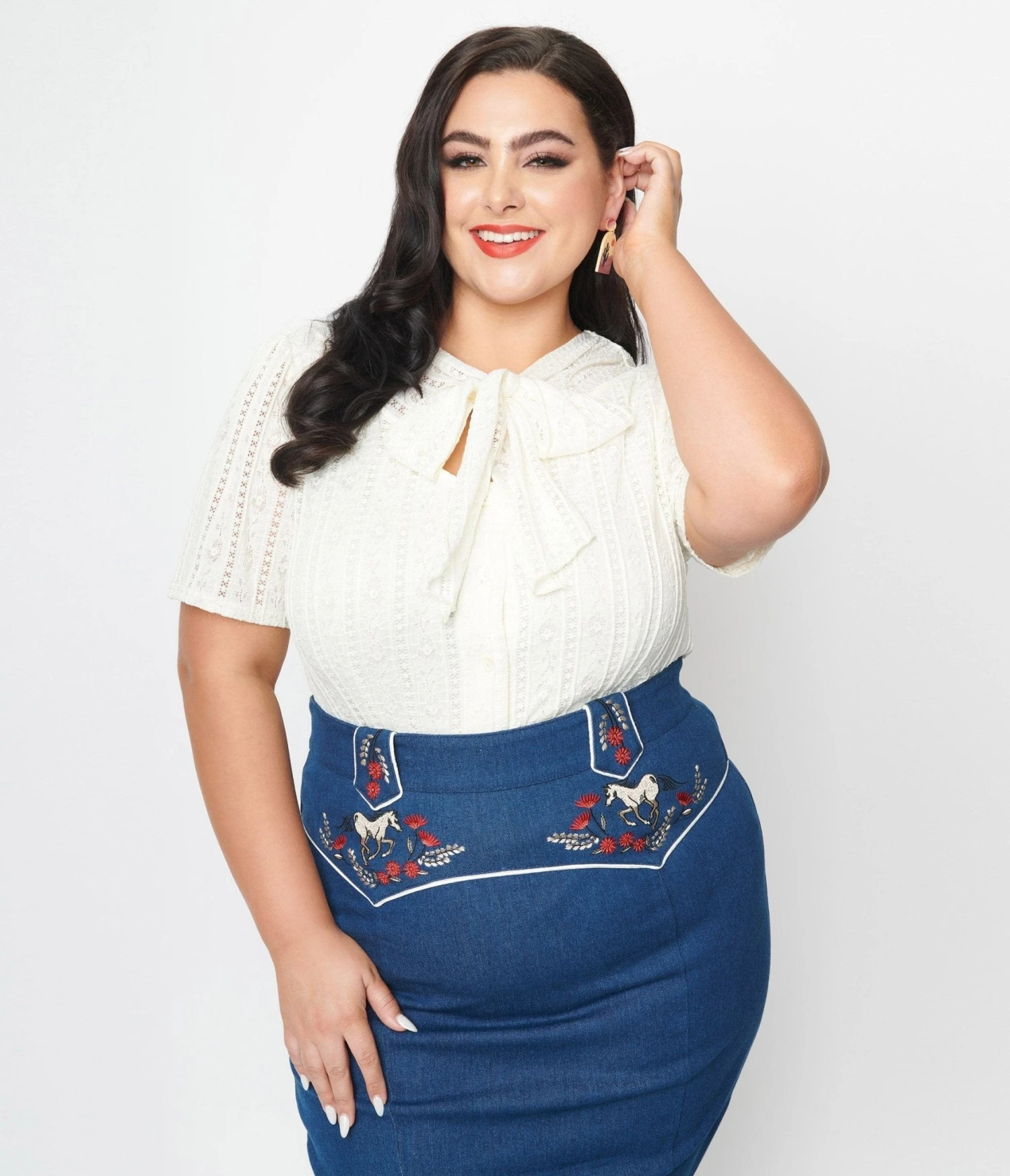 Unique Vintage Plus Size Ivory Lace Neck Tie Top