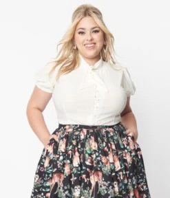 Unique Vintage Plus Size Ivory Tie Neck Button Blouse