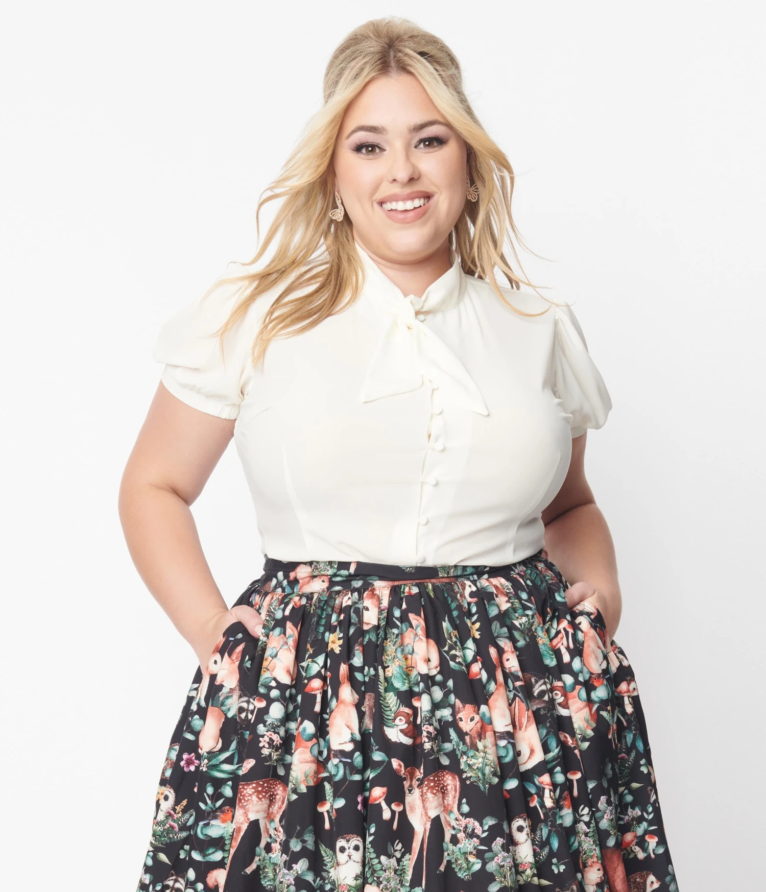 Unique Vintage Plus Size Ivory Tie Neck Button Blouse