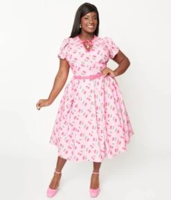 Unique Vintage Plus Size Lavender & Hot Pink Cherry Print Dahlia Swing Dress