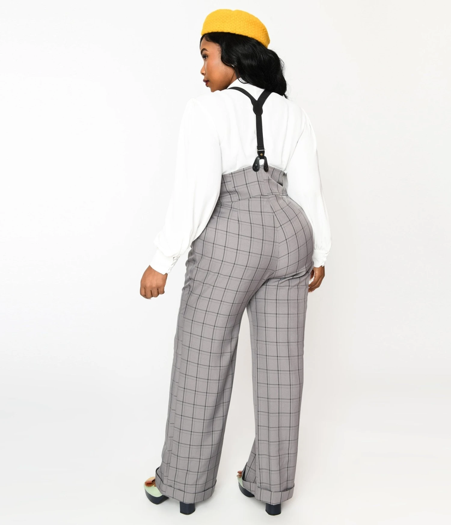 Unique Vintage Plus Size Light Grey Windowpane Thelma Suspender Pants - Image 3