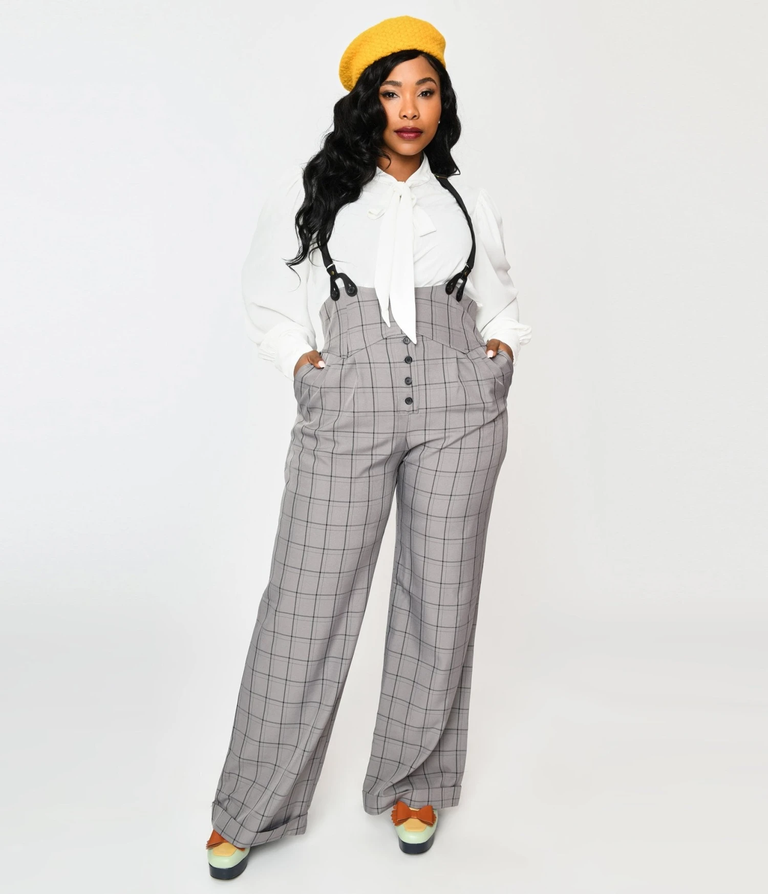Unique Vintage Plus Size Light Grey Windowpane Thelma Suspender Pants