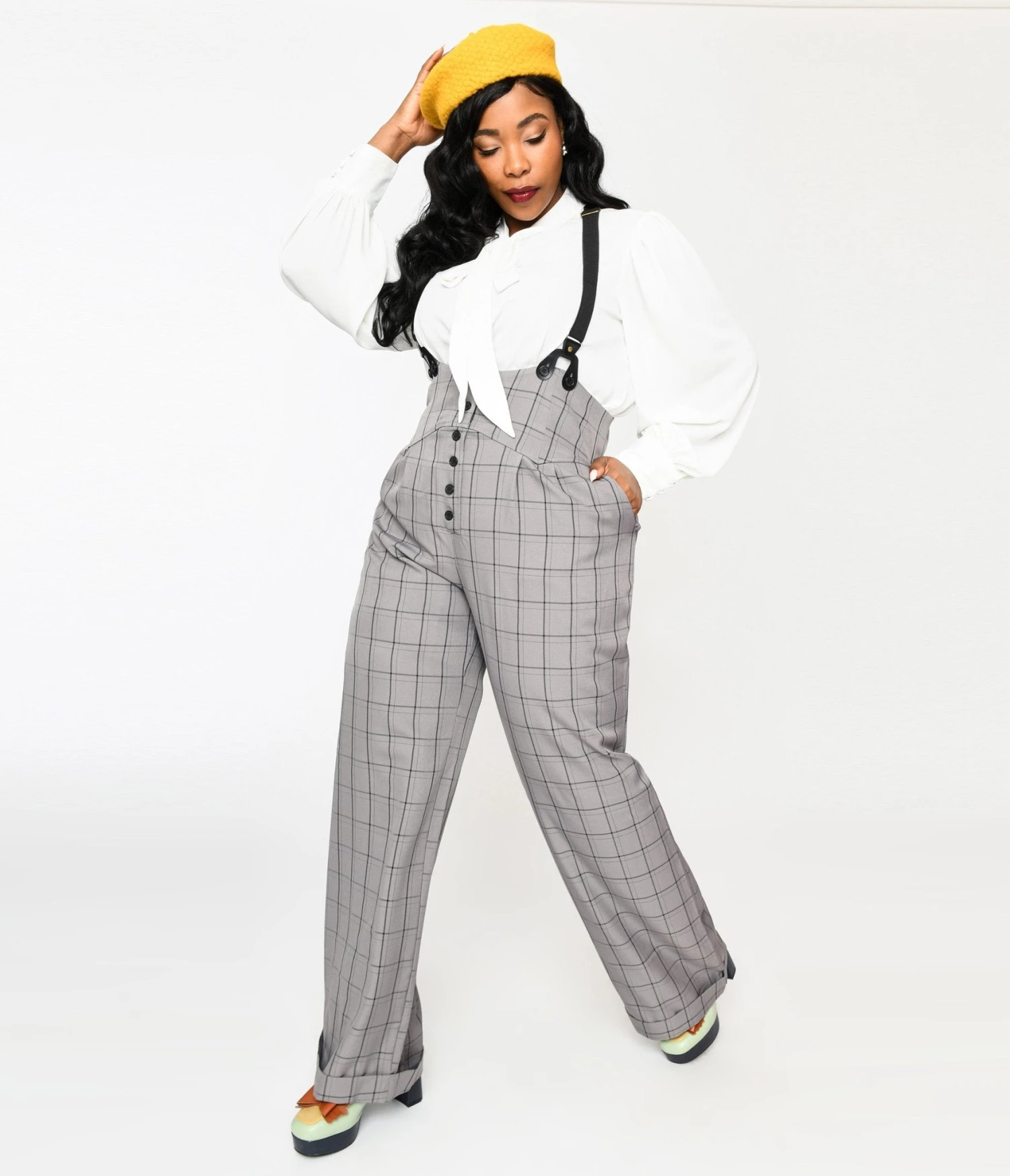 Unique Vintage Plus Size Light Grey Windowpane Thelma Suspender Pants - Image 2