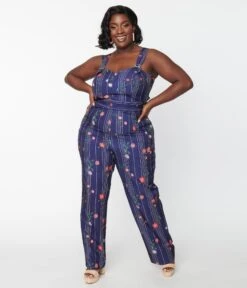 Unique Vintage Plus Size Navy Botanical Sedgewick Jumpsuit