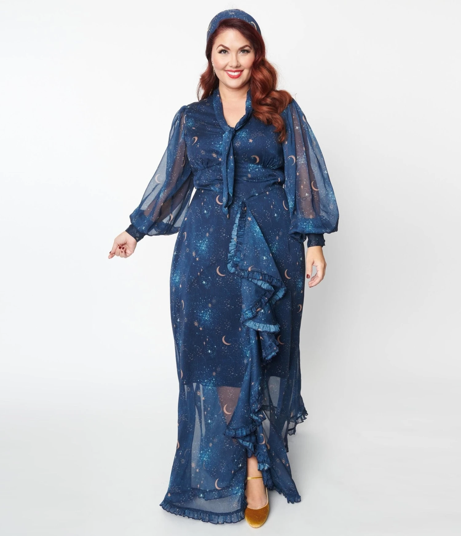 Unique Vintage Plus Size Navy & Golden Galaxy Neck Tie Maxi Dress - Image 5