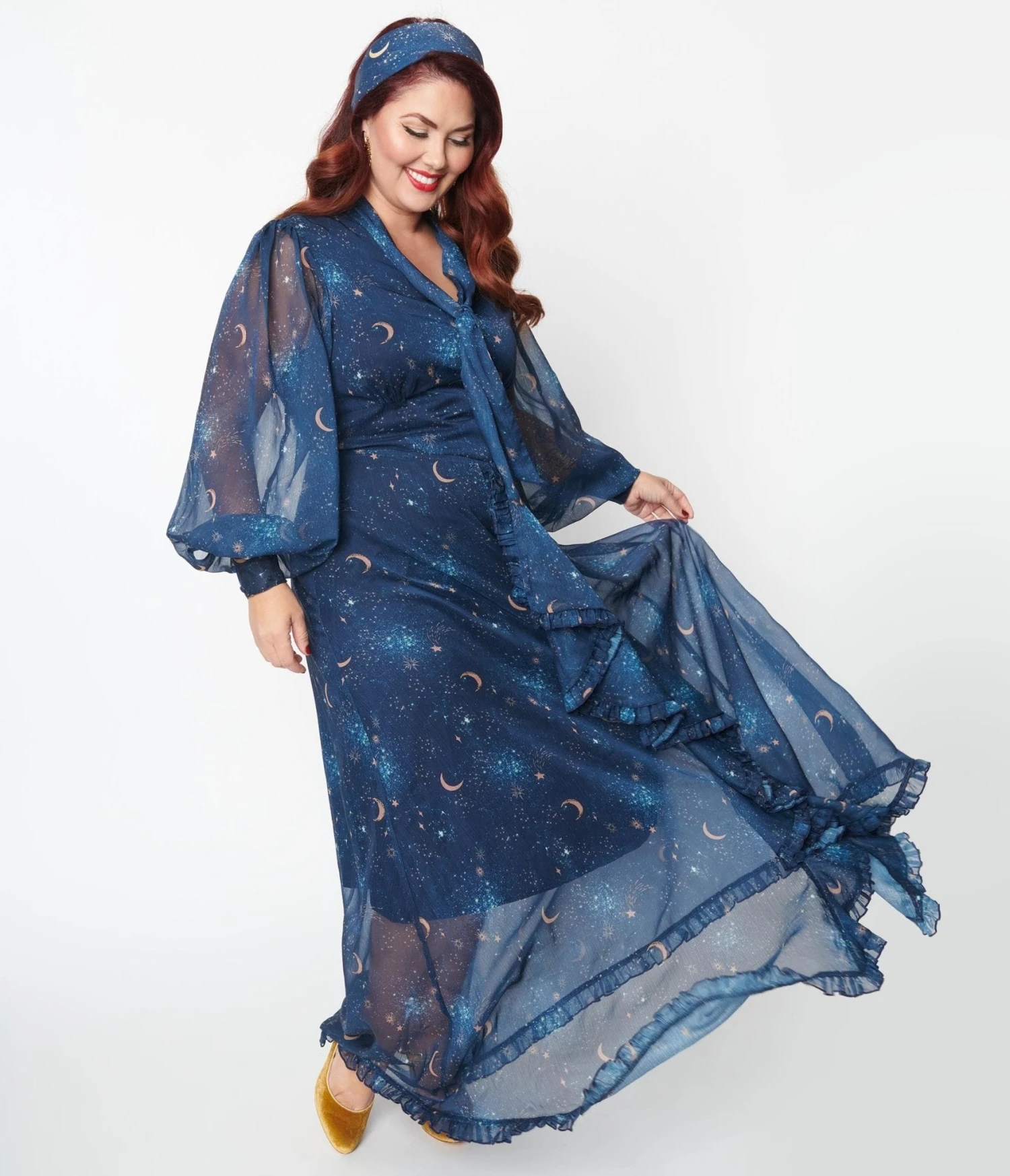 Unique Vintage Plus Size Navy & Golden Galaxy Neck Tie Maxi Dress - Image 4