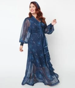 Unique Vintage Plus Size Navy & Golden Galaxy Neck Tie Maxi Dress