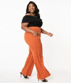 Unique Vintage Plus Size Orange Windowpane High Waist Ginger Pants