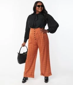 Unique Vintage Plus Size Orange Windowpane Thelma Suspender Pants