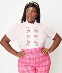 Unique Vintage Plus Size Pale Pink Cherries Pin Tuck Peplum Blouse