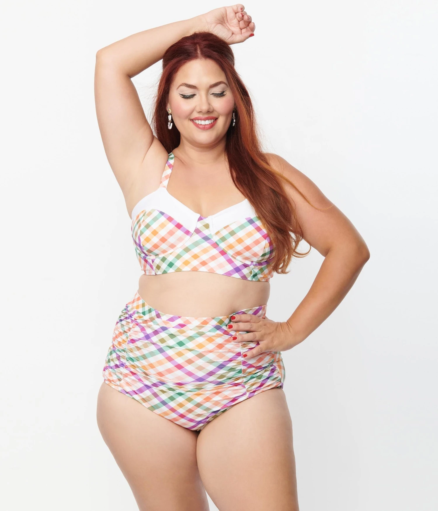 Unique Vintage Plus Size Pastel Madras Gingham Marlene Crop Swim Top - Image 3