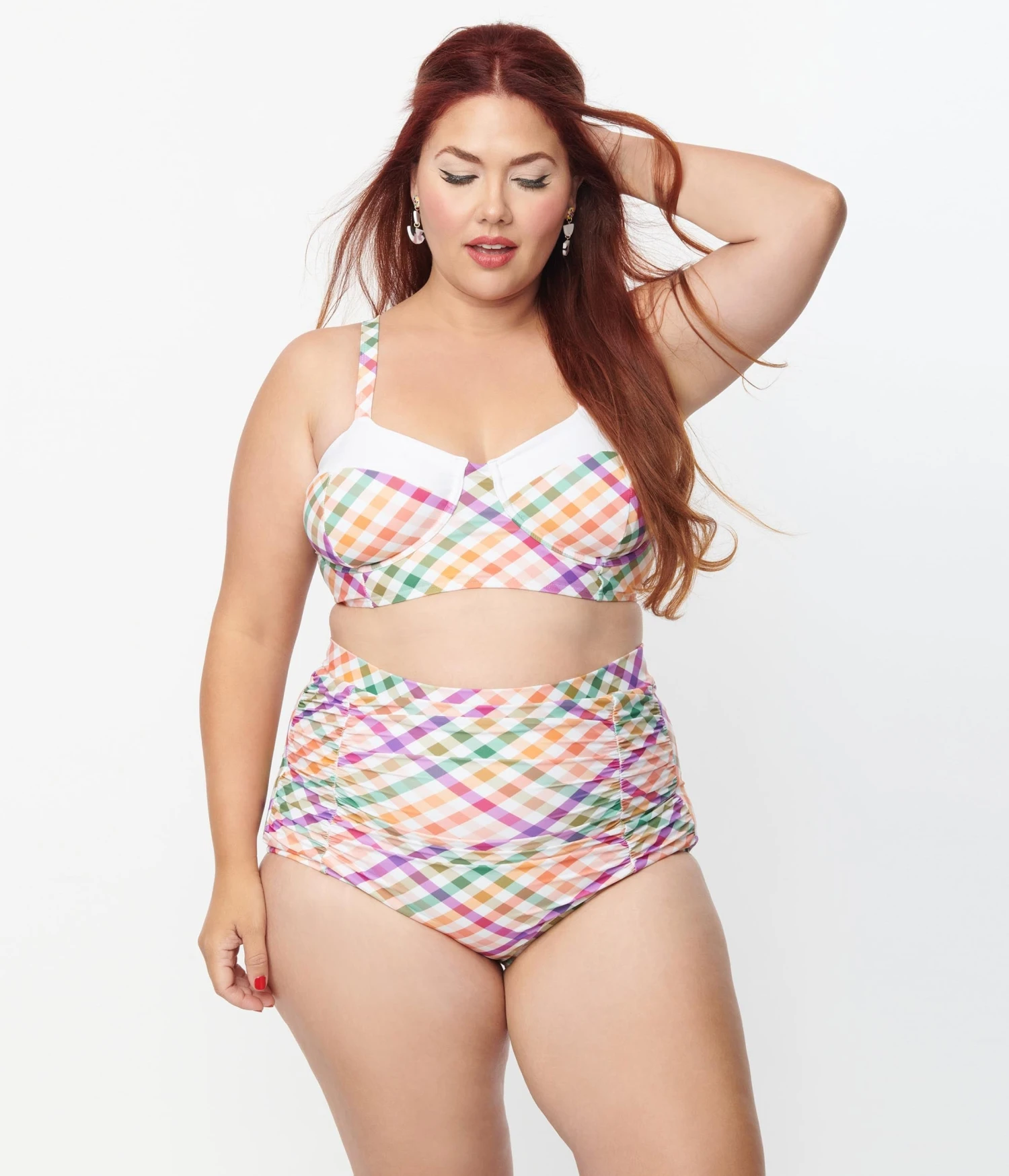 Unique Vintage Plus Size Pastel Madras Gingham Marlene Crop Swim Top - Image 5