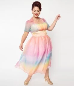 Unique Vintage Plus Size Pastel Rainbow Ombre Libby Swing Dress