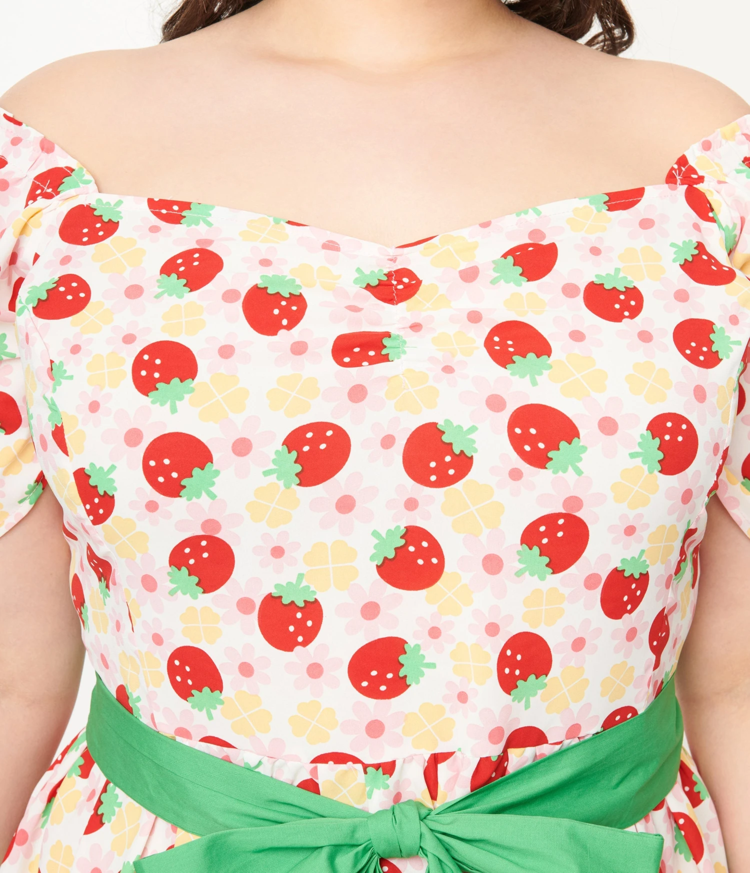 Unique Vintage Plus Size Pink Floral Strawberries Dakota Flare Dress - Image 2