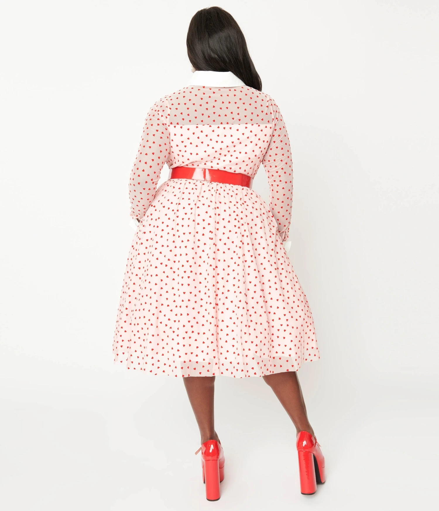 Unique Vintage Plus Size Pink & Red Flocked Hearts Tulle Swing Dress - Image 3