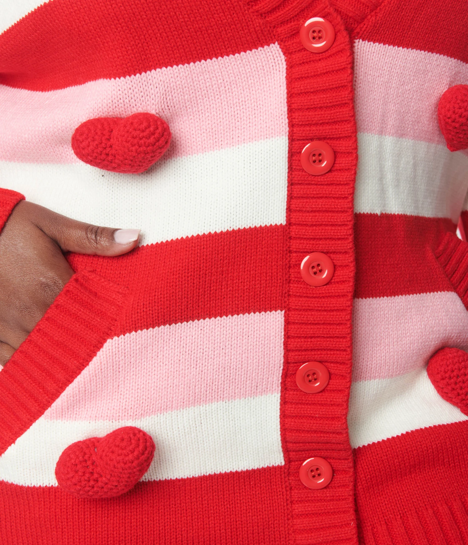 Unique Vintage Plus Size Pink & Red Striped Crochet Hearts Cardigan - Image 3