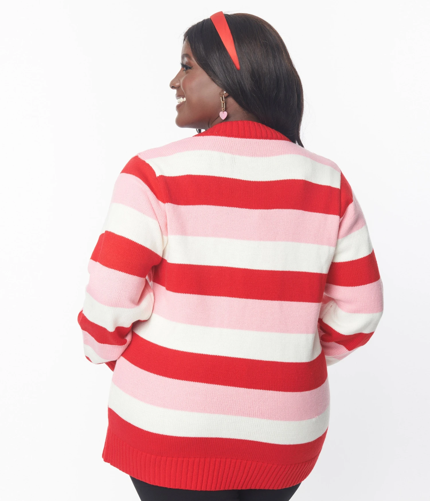 Unique Vintage Plus Size Pink & Red Striped Crochet Hearts Cardigan - Image 2