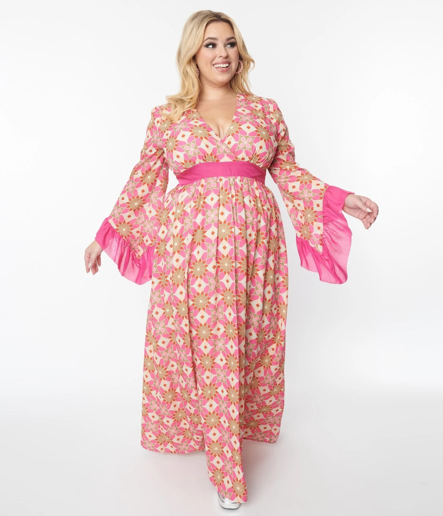 Unique Vintage Plus Size Pink Stained Glass Floral Maxi Dress - Image 4