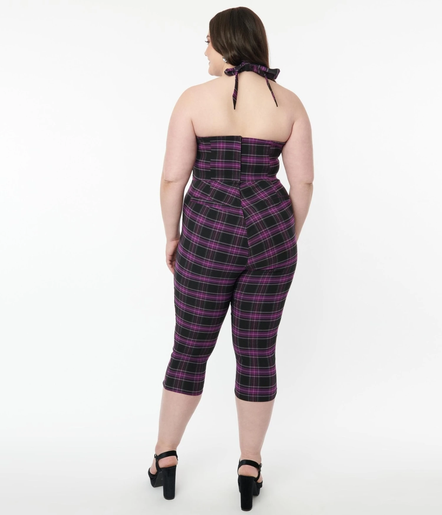 Unique Vintage Plus Size Purple & Black Plaid Marcel Jumpsuit - Image 3