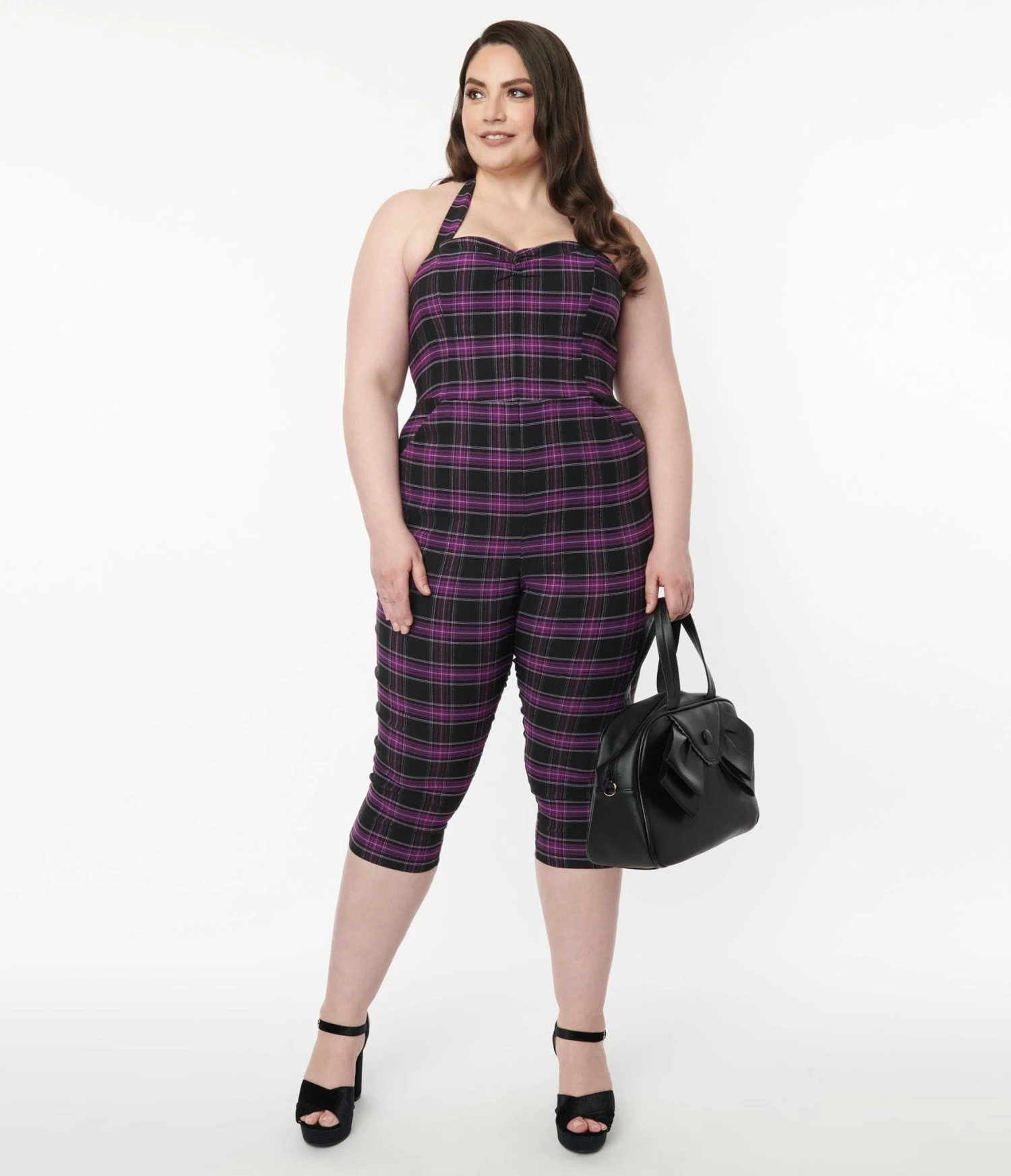 Unique Vintage Plus Size Purple & Black Plaid Marcel Jumpsuit - Image 4