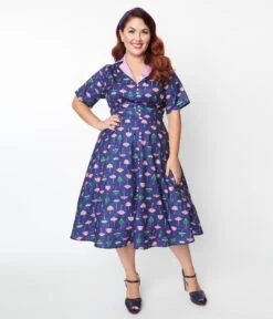 Unique Vintage Plus Size Purple Umbrella Print Swing Dress