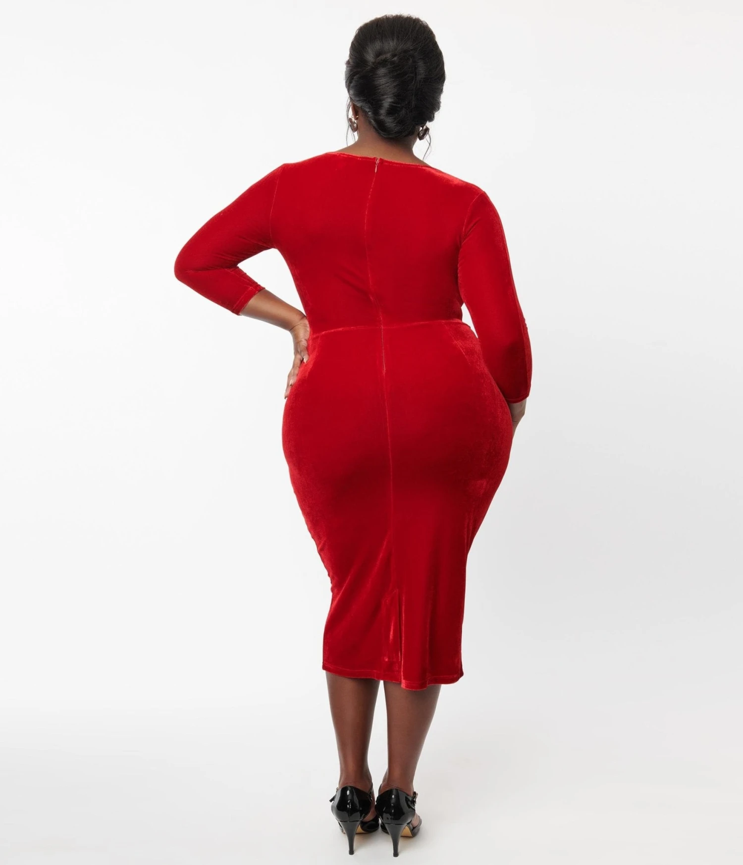 Unique Vintage Plus Size Red Velvet Sleeved Mod Wiggle Dress - Image 2