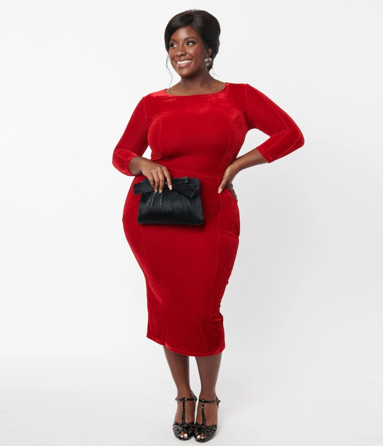 Unique Vintage Plus Size Red Velvet Sleeved Mod Wiggle Dress - Image 4