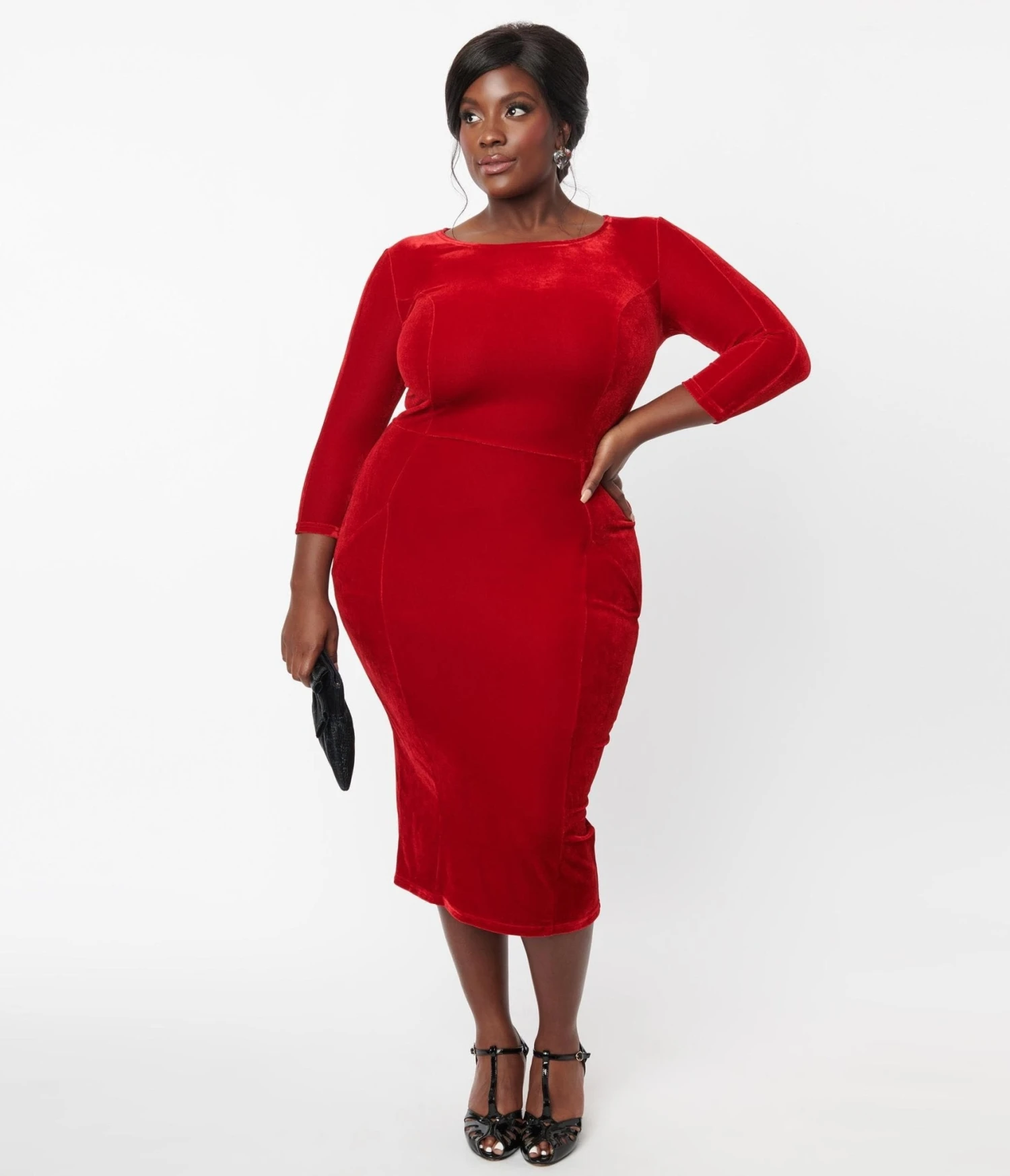Unique Vintage Plus Size Red Velvet Sleeved Mod Wiggle Dress - Image 3