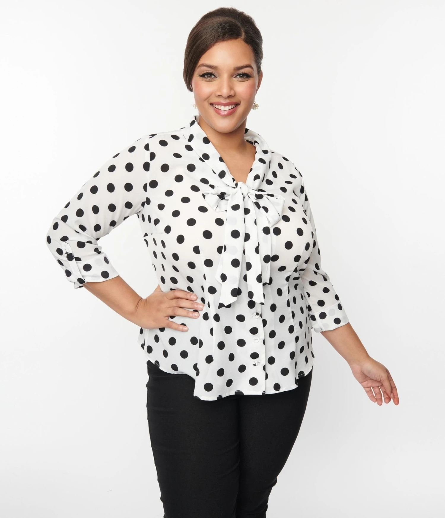 Unique Vintage Plus Size Sheer White & Black Dot Olivia Blouse - Image 5