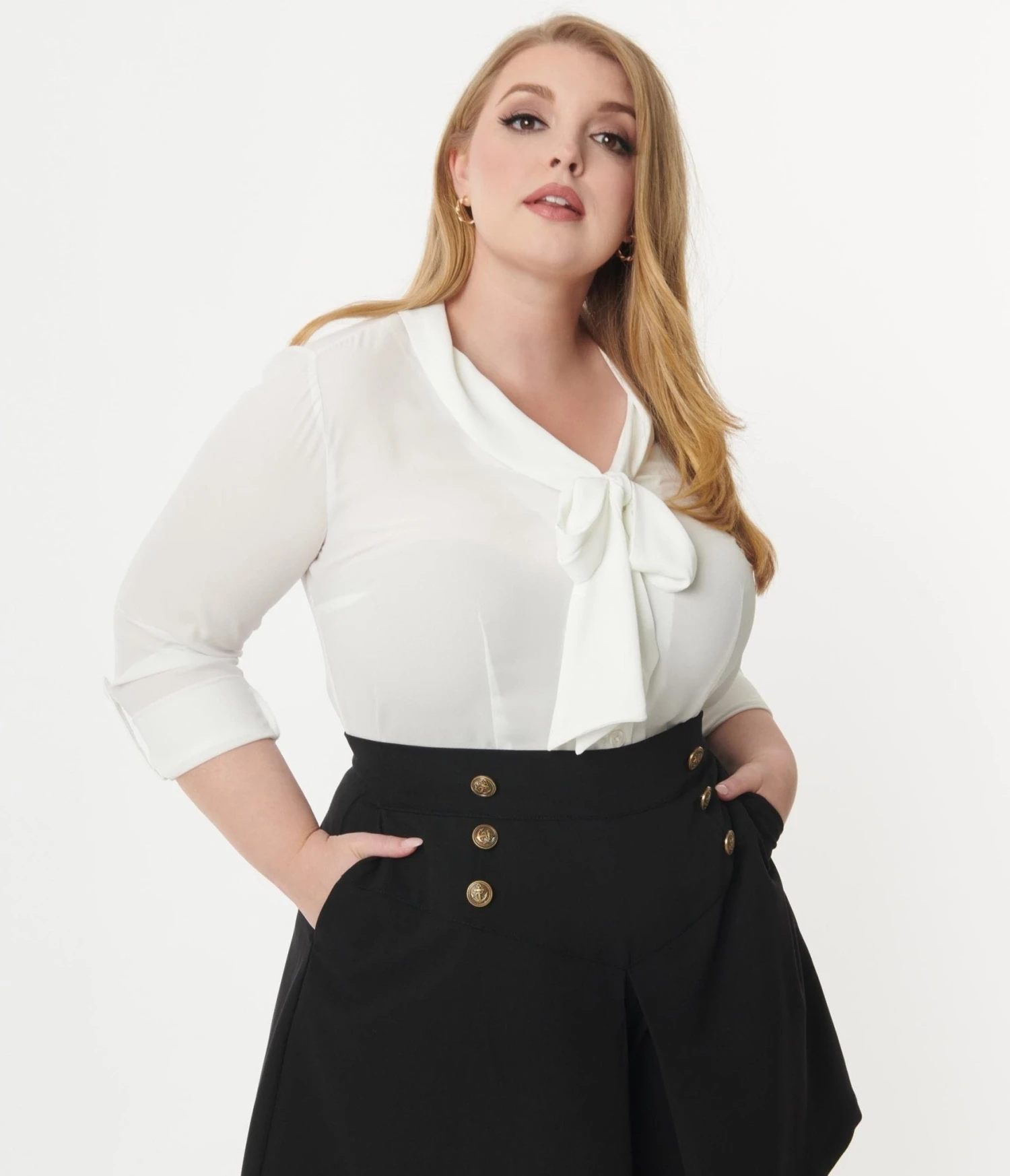 Unique Vintage Plus Size White Bow Olivia Blouse - Image 4