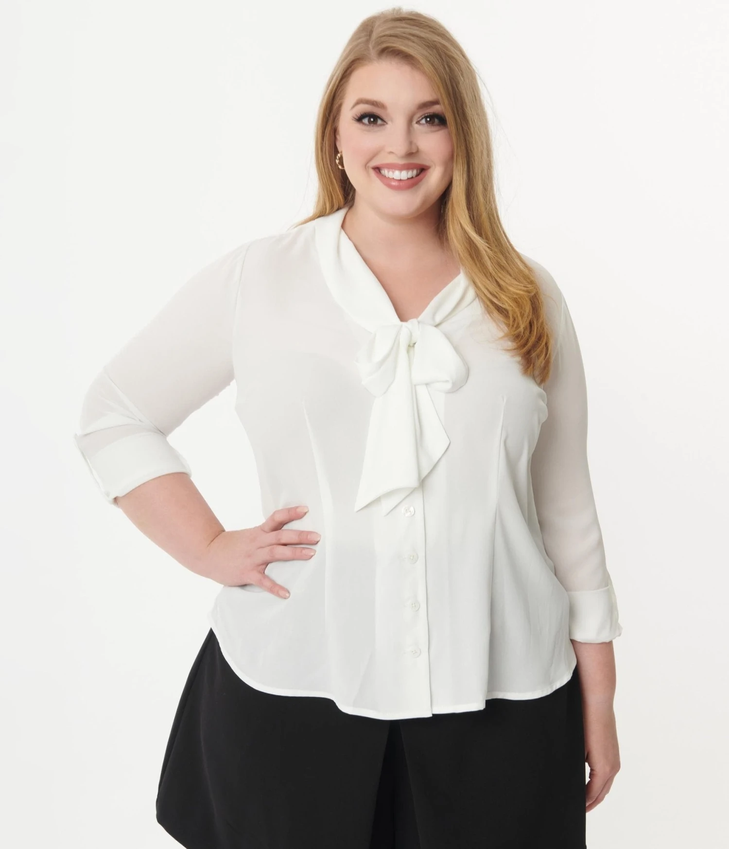 Unique Vintage Plus Size White Bow Olivia Blouse - Image 5