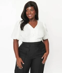Unique Vintage Plus Size White Heart Puff Sleeve Blouse