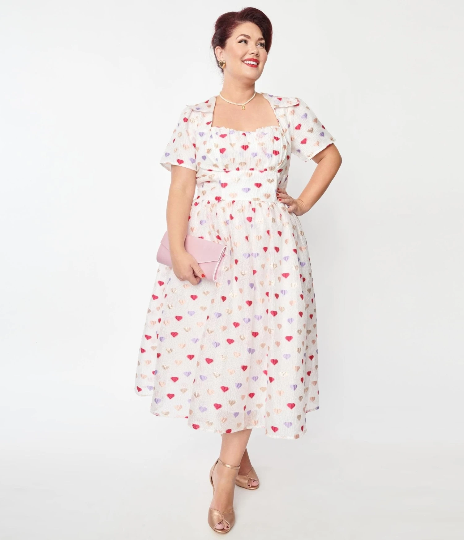 Unique Vintage Plus Size White & Multi Hearts Crinkle Libby Swing Dress