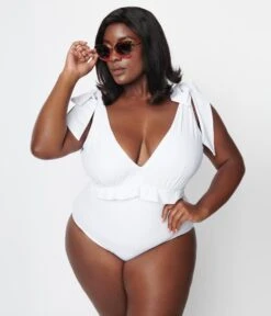 Unique Vintage Plus Size White Plunge One Piece Swimsuit