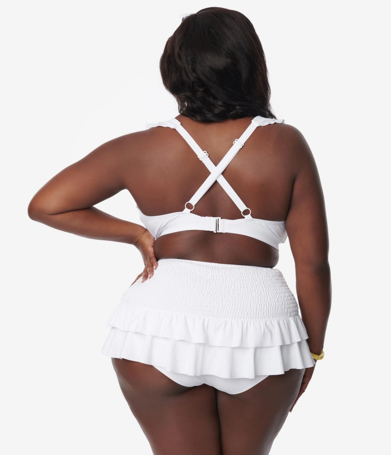 Unique Vintage Plus Size White Shirred Skirt Swim Bottom - Image 3