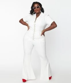 Unique Vintage Plus Size White Wide Leg Rock & Roll Jumpsuit