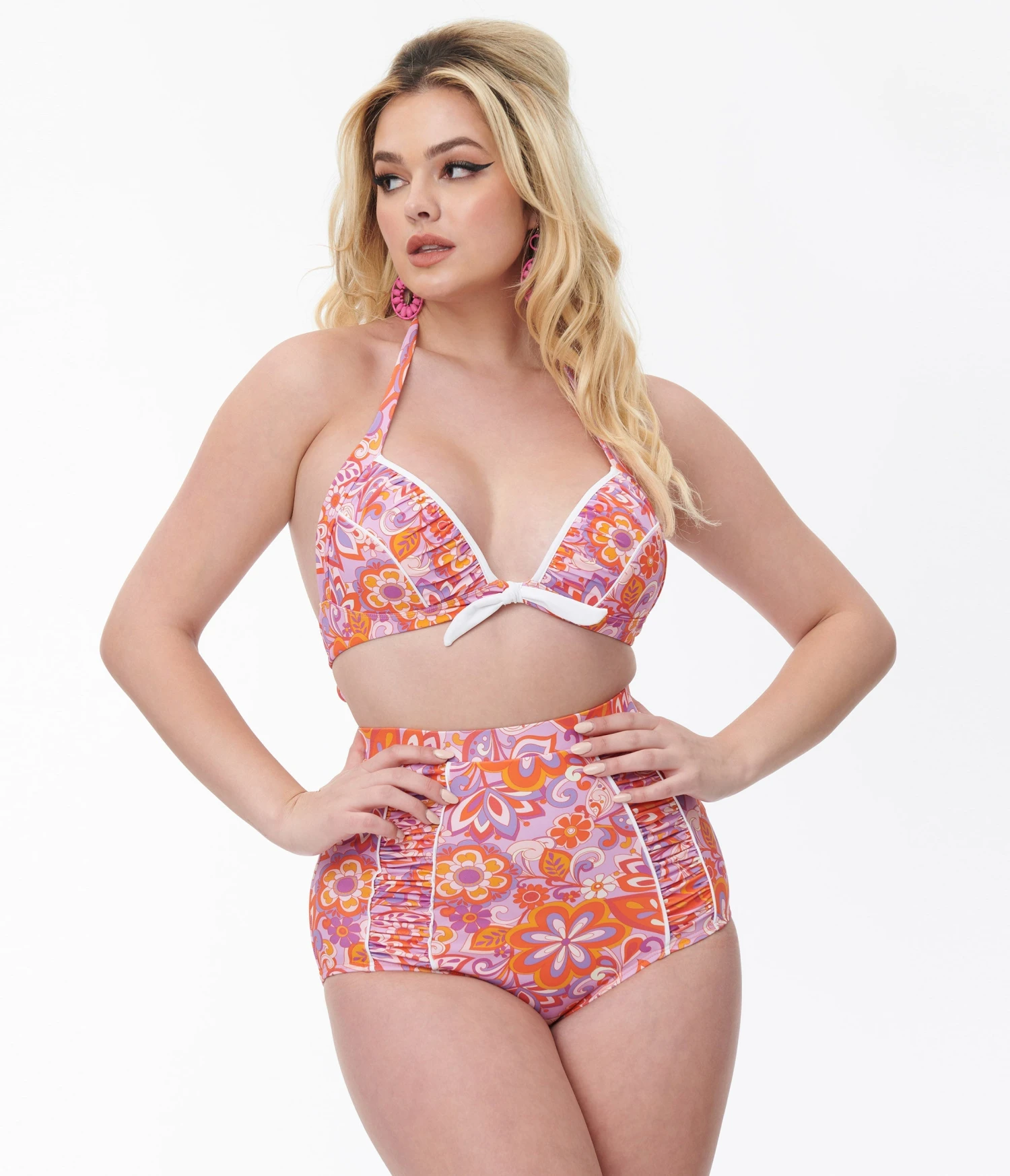 Unique Vintage Purple & Orange Bohemian Floral Print Halter Swim Top - Image 3