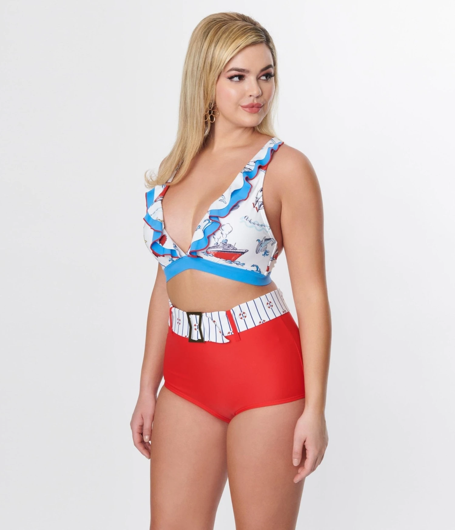 Unique Vintage Red High Waist Belted Swim Bottom - Image 4