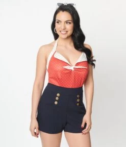 Unique Vintage Red Pin Dot Halter Top
