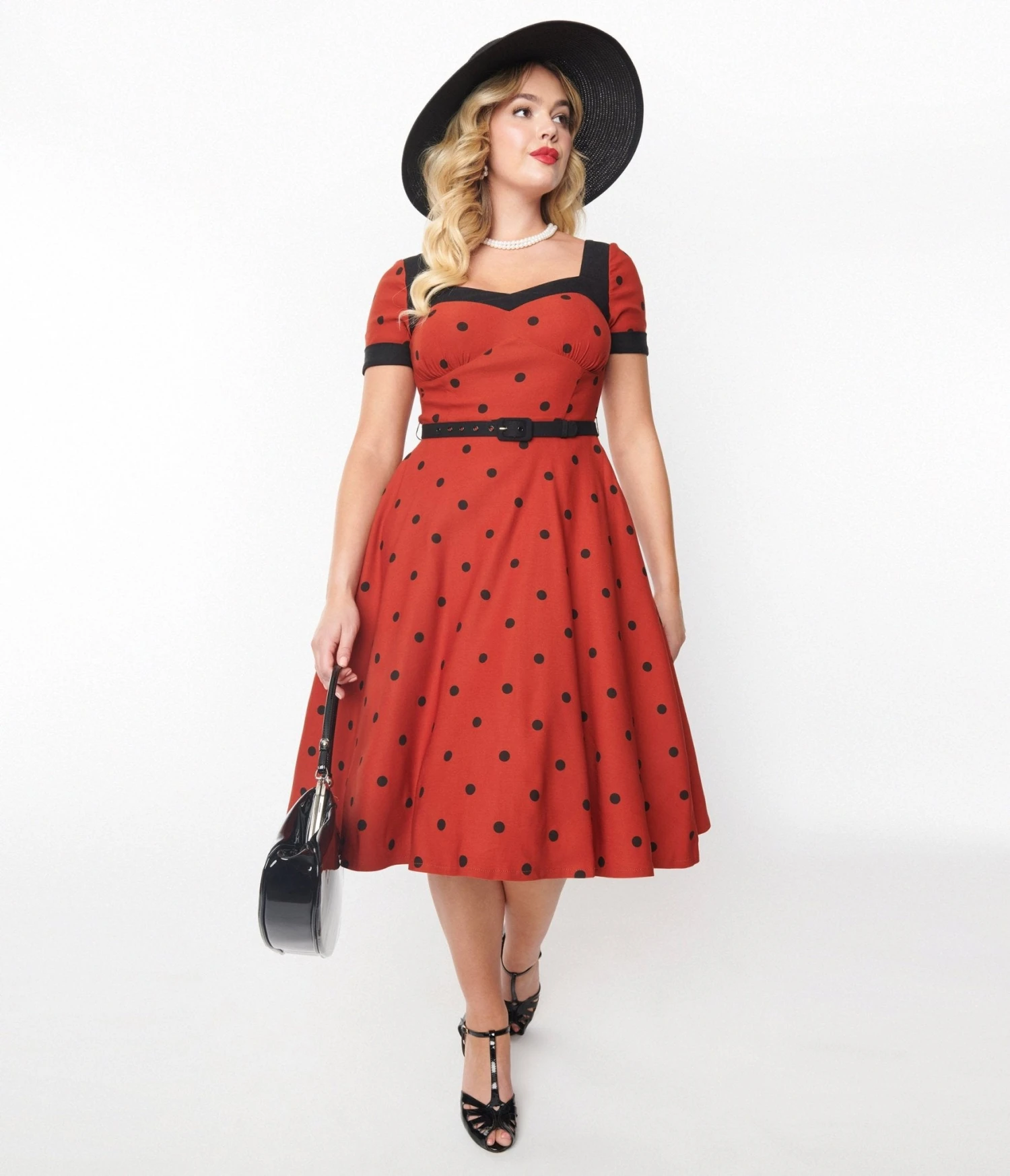 Unique Vintage Rust & Black Polka Dot Swing Dress