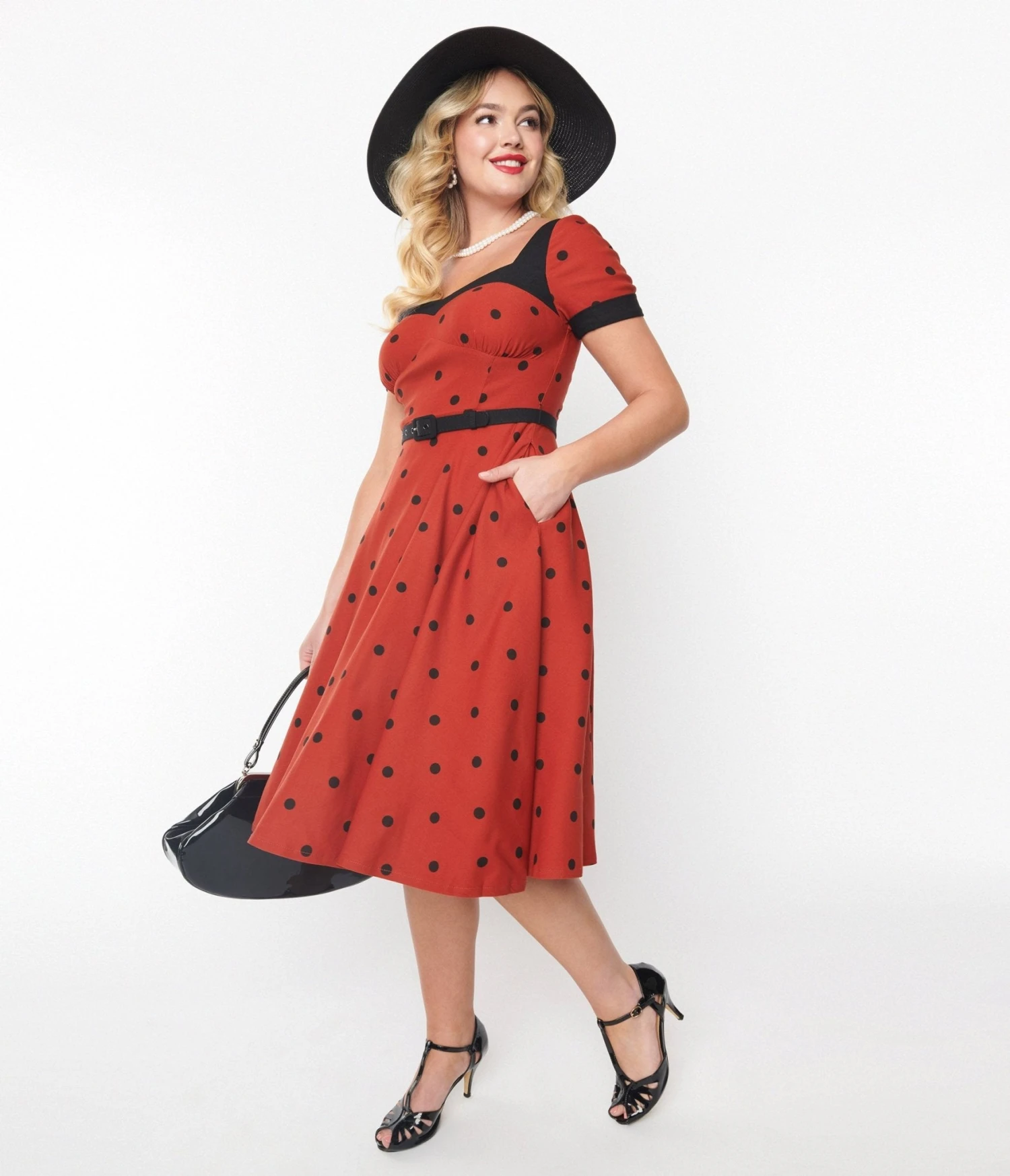 Unique Vintage Rust & Black Polka Dot Swing Dress - Image 2