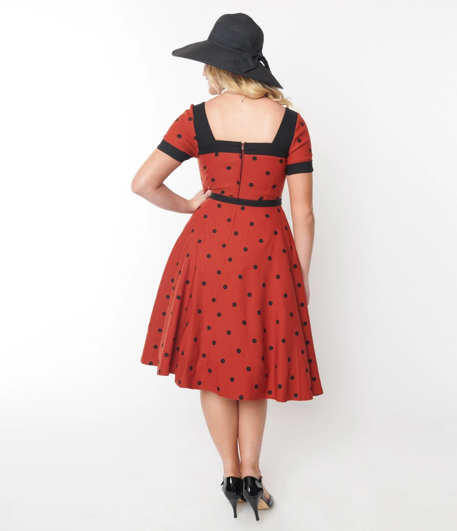 Unique Vintage Rust & Black Polka Dot Swing Dress - Image 3