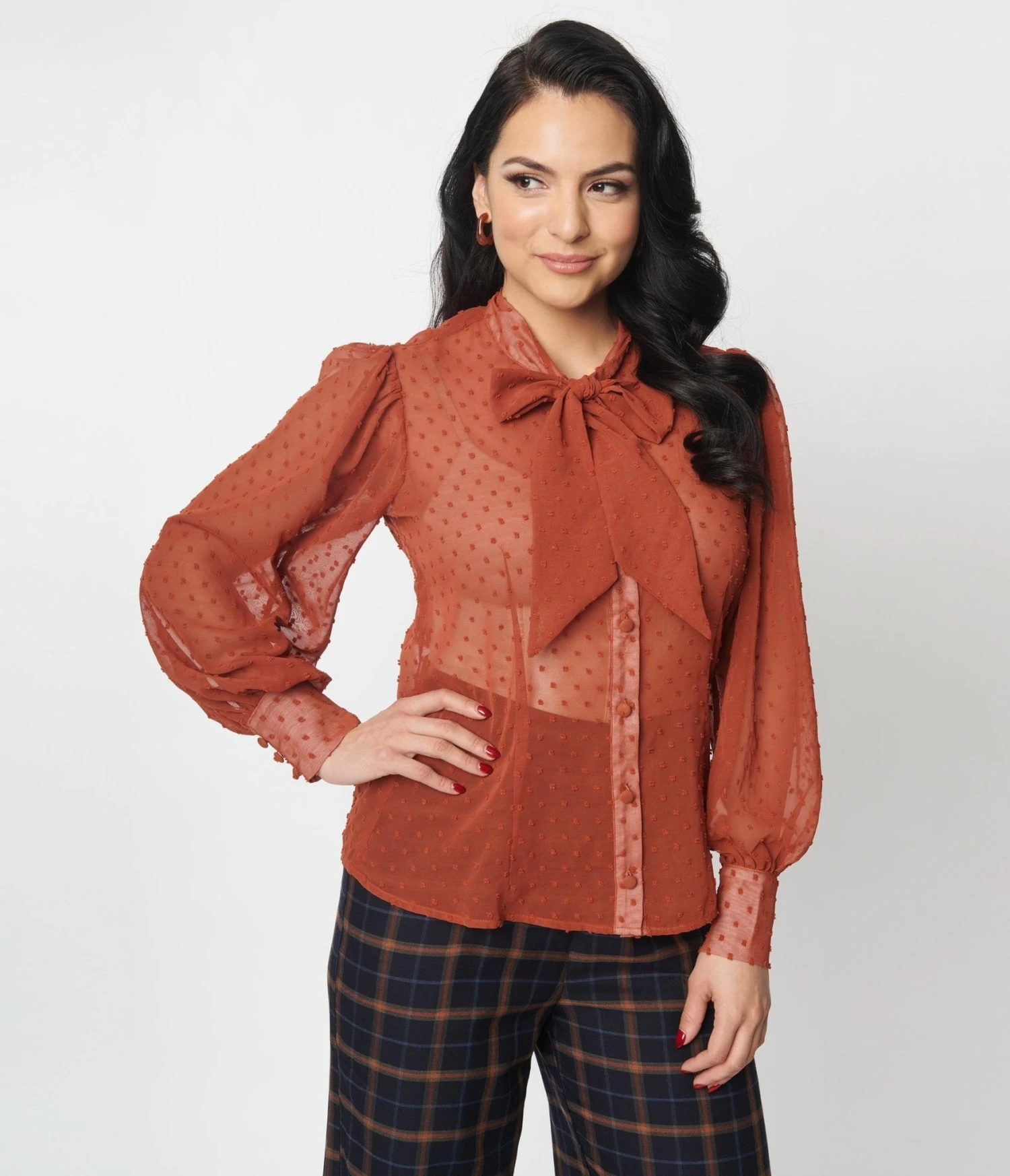 Unique Vintage Rust Clip Dot Gwen Blouse - Image 5