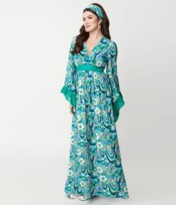 Unique Vintage Teal & Blue Psychedelic Floral Print Maxi Dress
