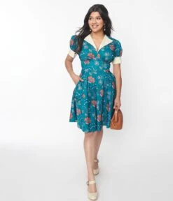 Unique Vintage Teal & Red Floral Chain Print Swing Dress