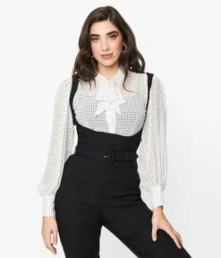 Unique Vintage White Black Pin Dot Tie Neck Gwen Blouse