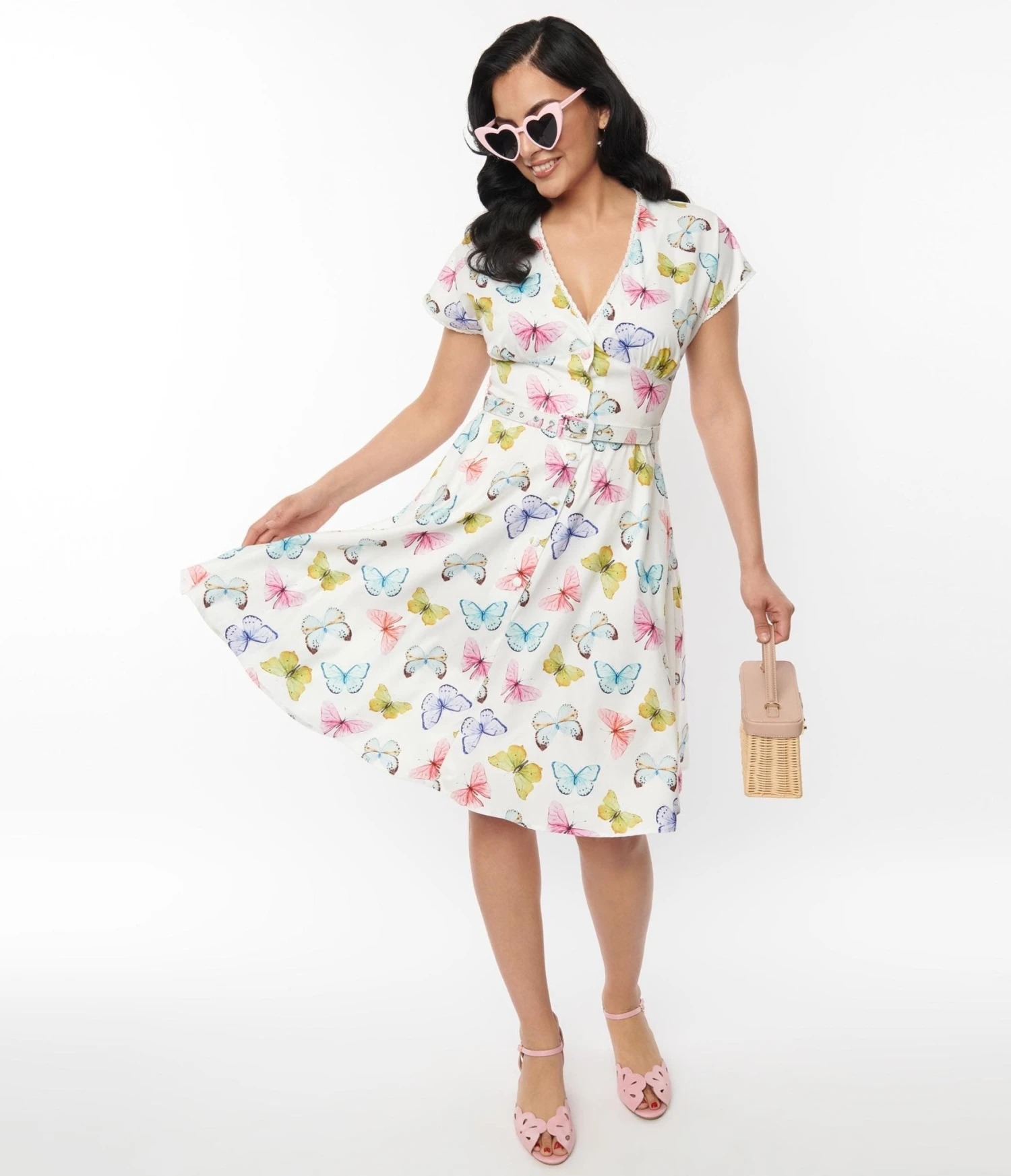 Unique Vintage White Butterfly Flutter Sleeve Swing Dress - Image 4