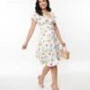 Unique Vintage White Butterfly Flutter Sleeve Swing Dress
